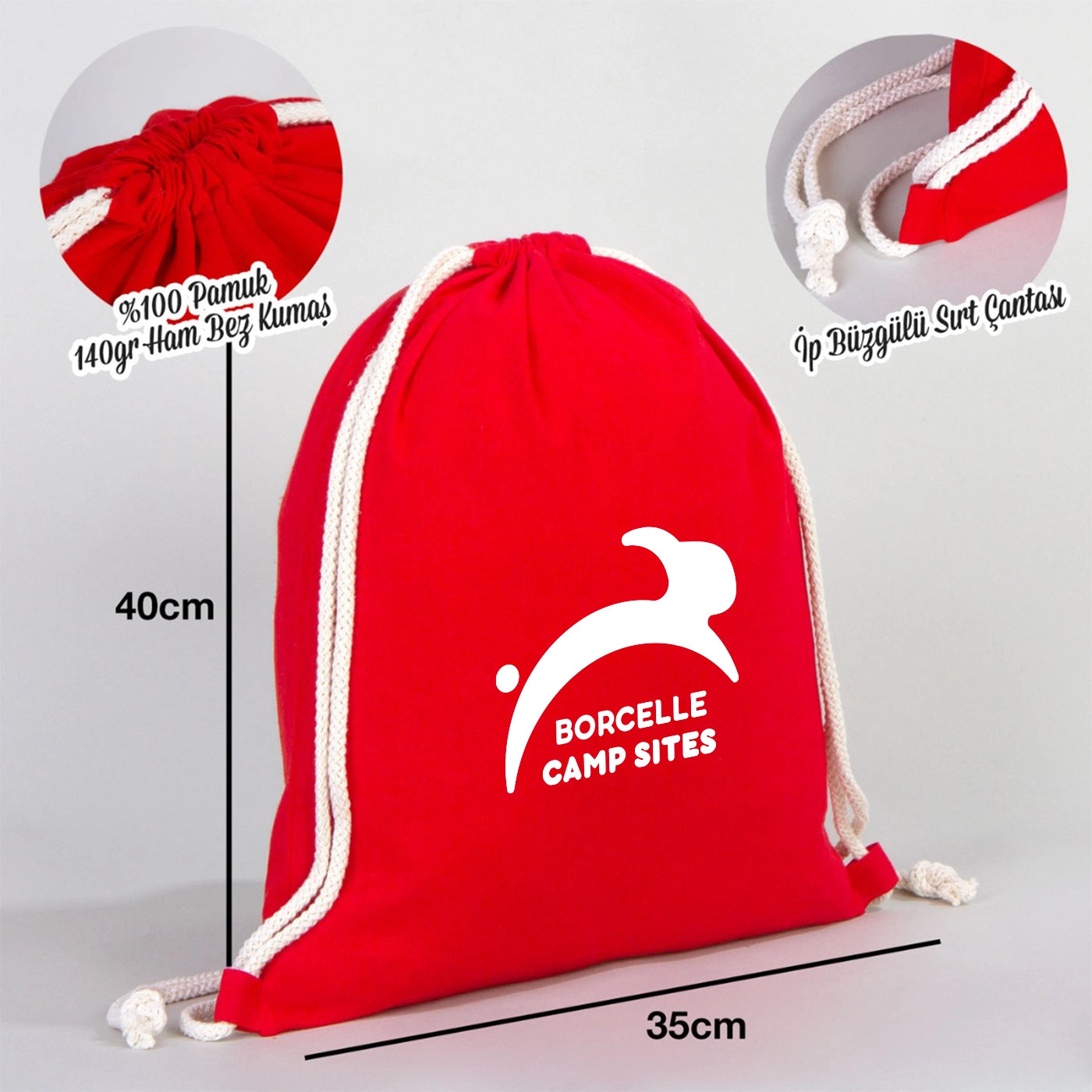 Ham Bez Kırmızı İp Büzgülü Sırt Çanta - 35x40 cm (Küçük Boy) Özelleştirilebilir
