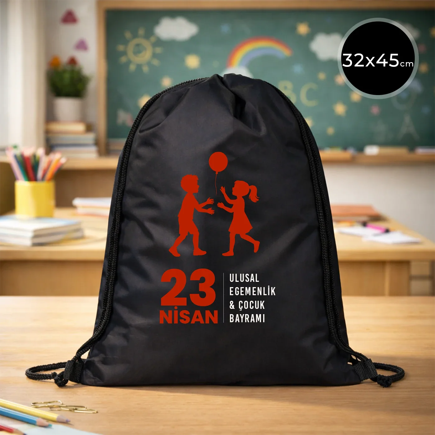 32x45 cm Siyah İmperteks Sırt Çantası - 23 Nisan Hediyesi