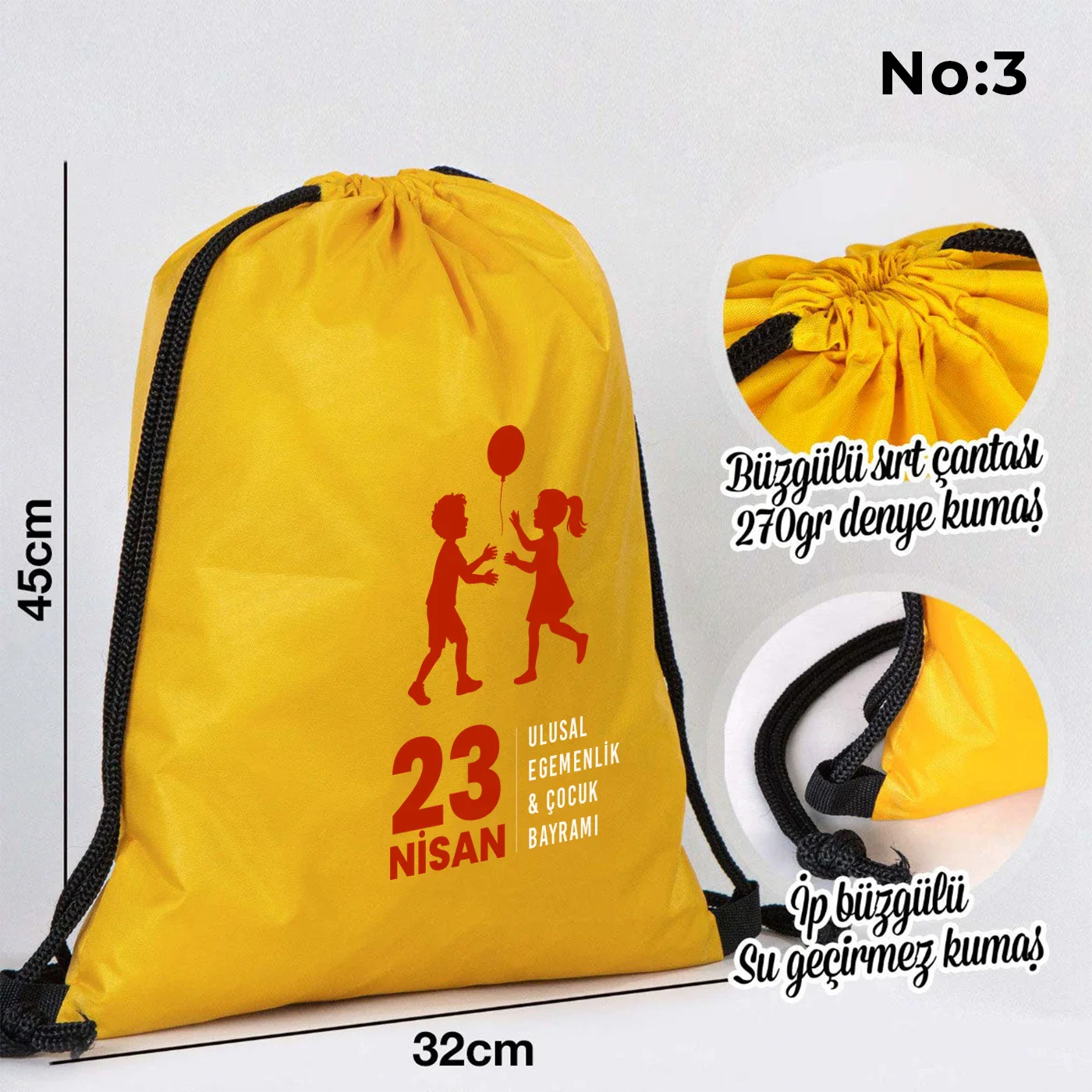 32x45 cm Sarı İmperteks Sırt Çantası - 23 Nisan Hediyesi - yakın çekim
