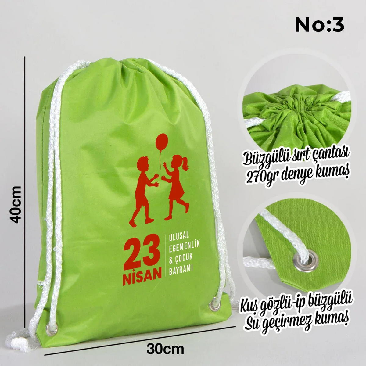 32x45 cm Yeşil İmperteks Sırt Çantası - 23 Nisan Hediyesi - yakın çekim