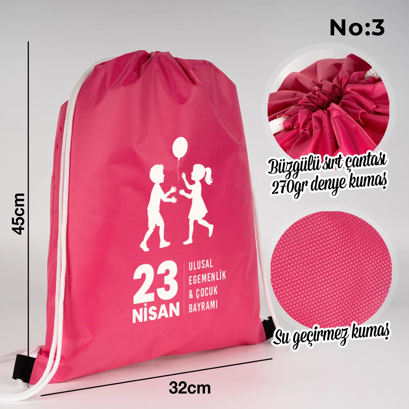 32x45 cm Fuşya İmperteks Sırt Çantası - 23 Nisan Hediyesi - yakın çekim