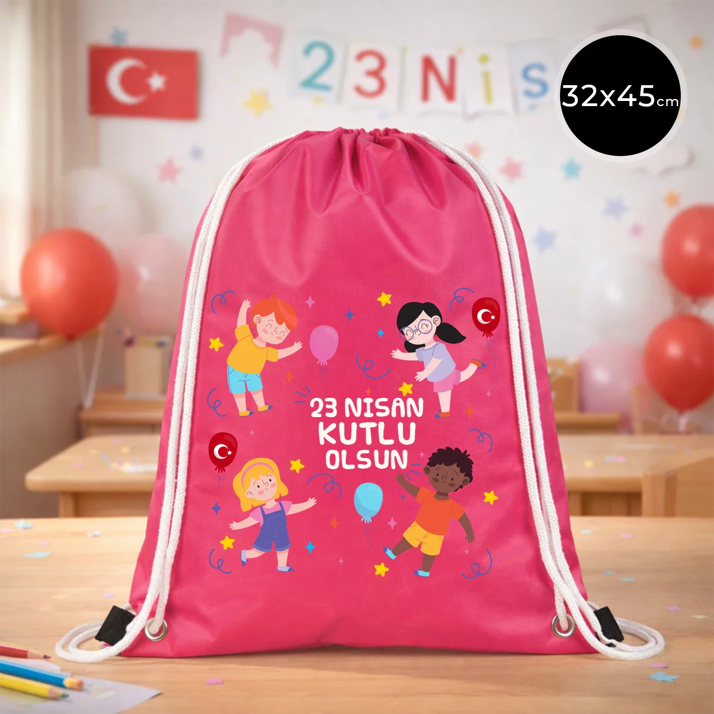 32x45 cm Fuşya İmperteks Sırt Çantası - 23 Nisan Hediyesi