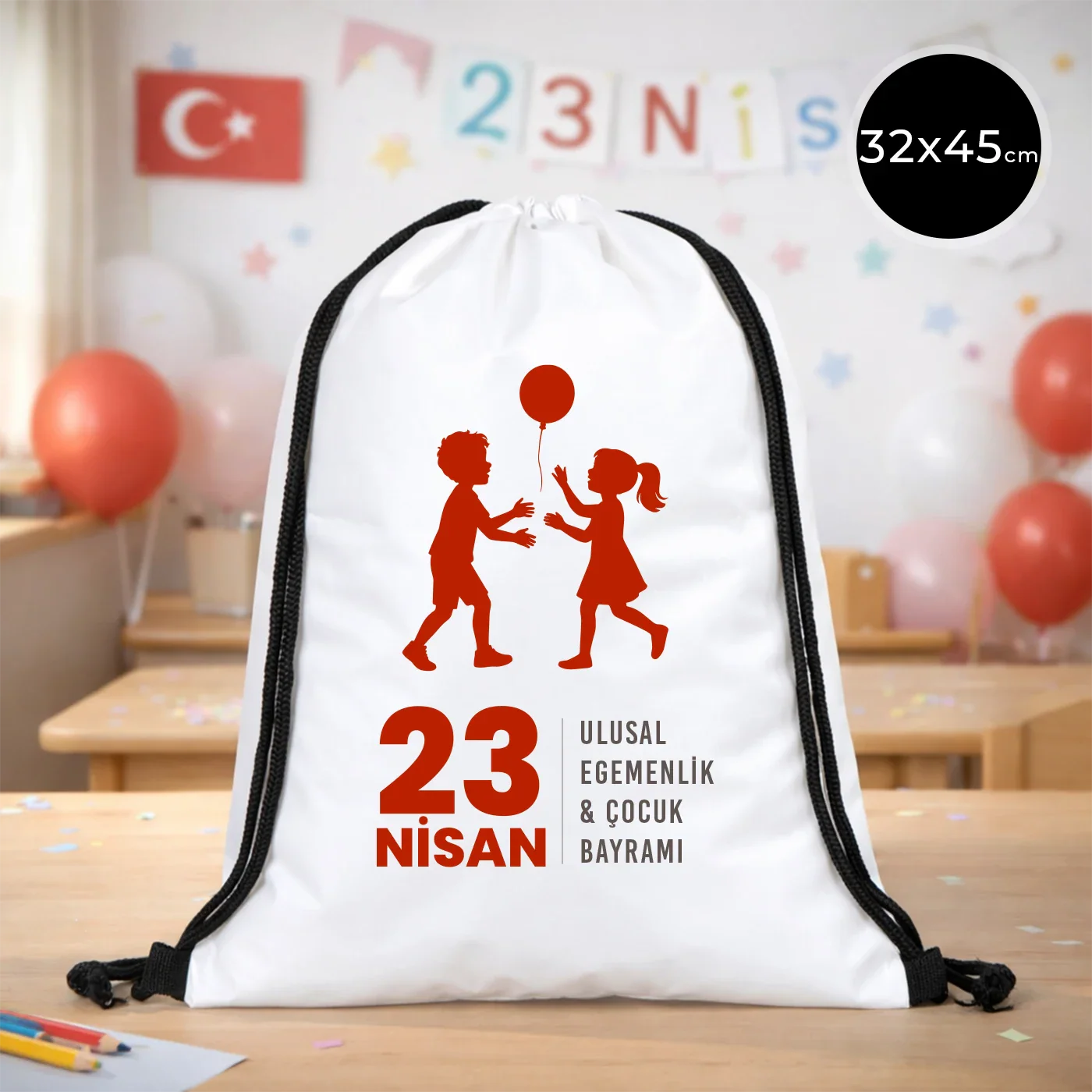 32x45 cm Beyaz İmperteks Sırt Çantası - 23 Nisan Hediyesi