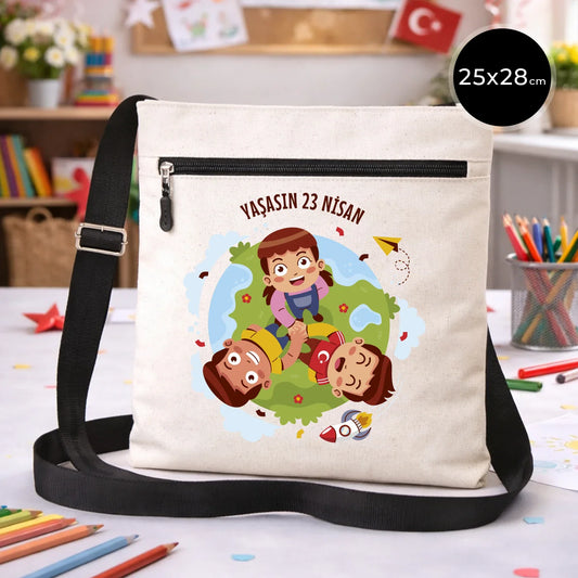 25x28 cm Baskılı Kanvas Fermuarlı Heybe Çanta - 23 Nisan Hediyesi