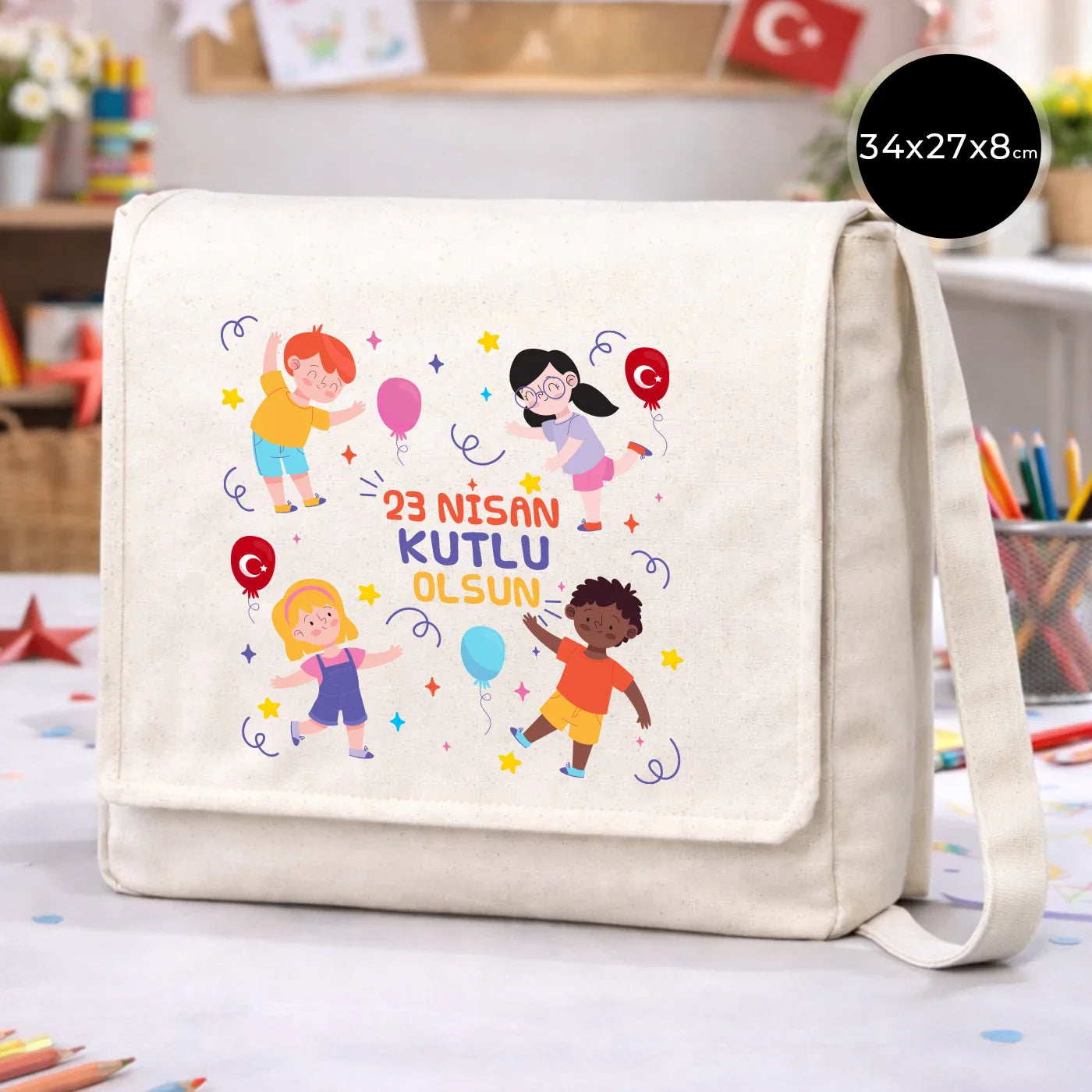 34x27x8 cm Kanvas Postacı Çantası - 23 Nisan Hediyesi