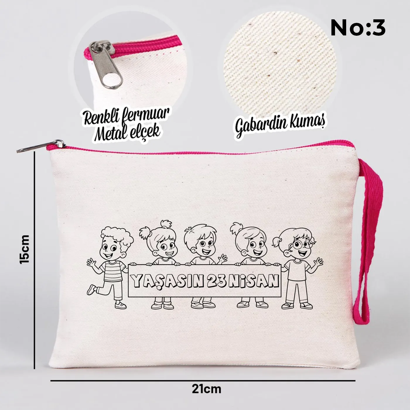 Boyanabilir 21x15 cm Fuşya Fermuarlı - 23 Nisan Hediyesi - yakın çekim