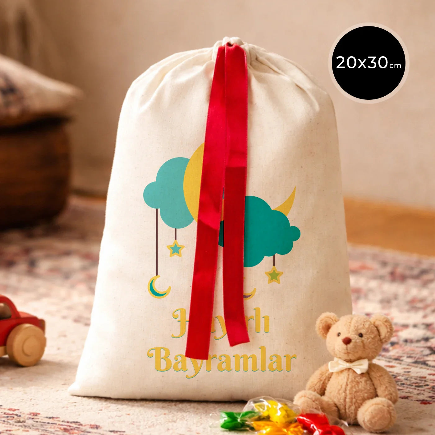 20x30 Kırmızı Kurdeleli Bez Kese – Bayram Kesesi