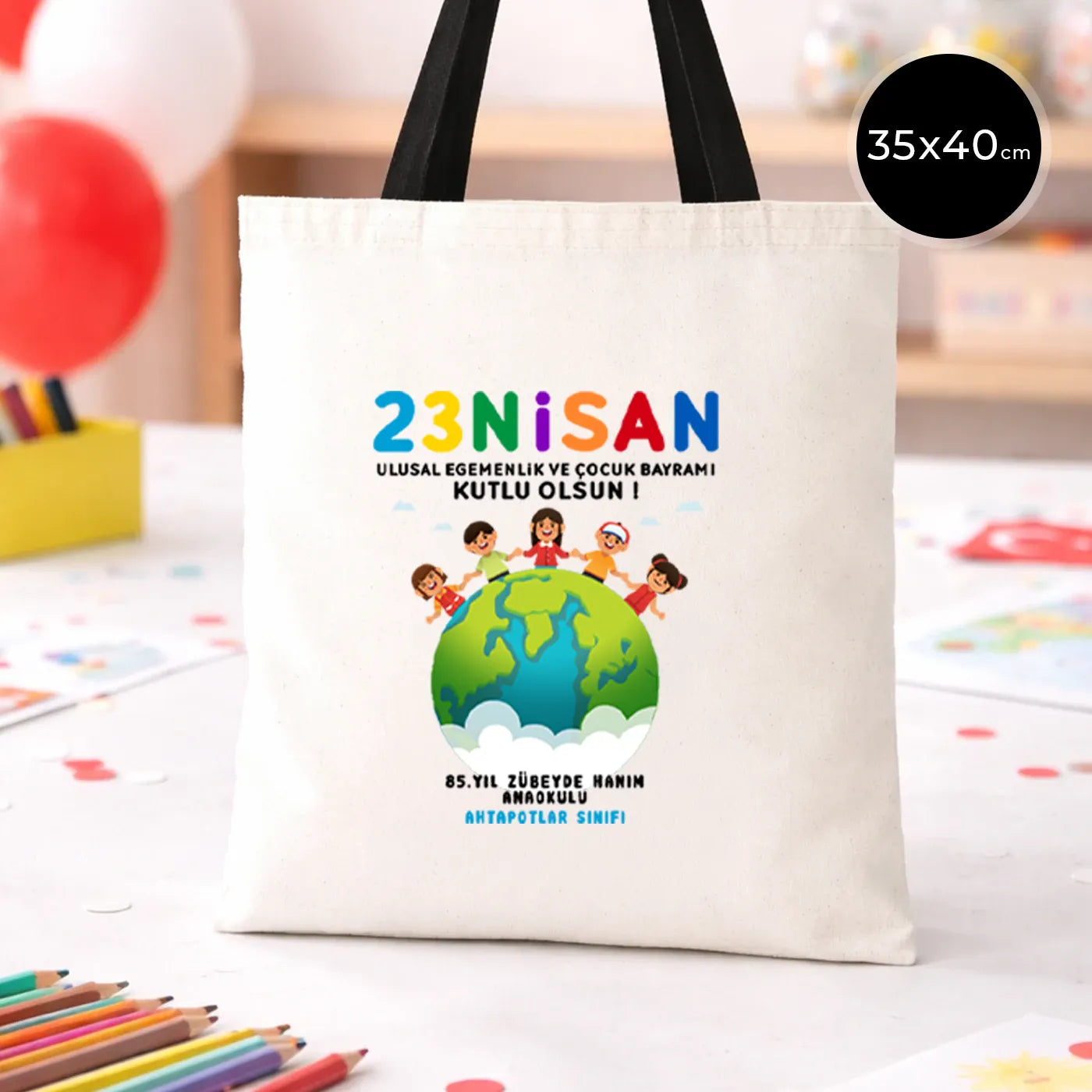 35x40 cm Siyah Kulp Ham Bez Çanta Baskılı - 23 Nisan Hediyesi