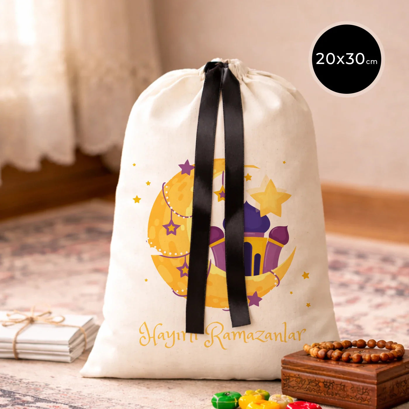 20x30 Siyah Kurdeleli Bez Kese – Bayram Çantası