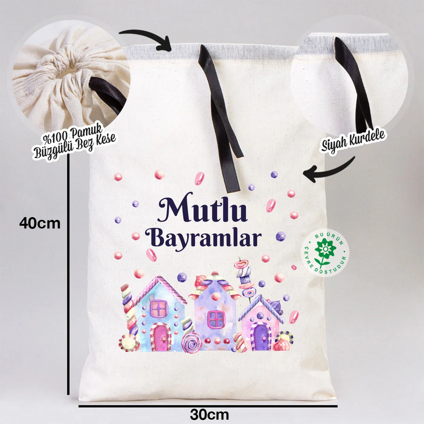 30x40 Siyah Kurdeleli Bez Kese – Bayram Kesesi