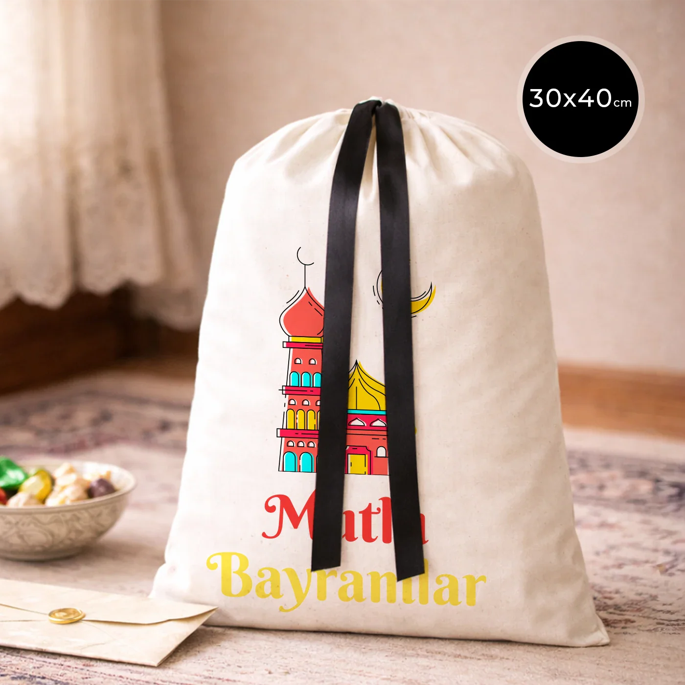 30x40 Siyah Kurdeleli Bez Kese – Bayram Kesesi