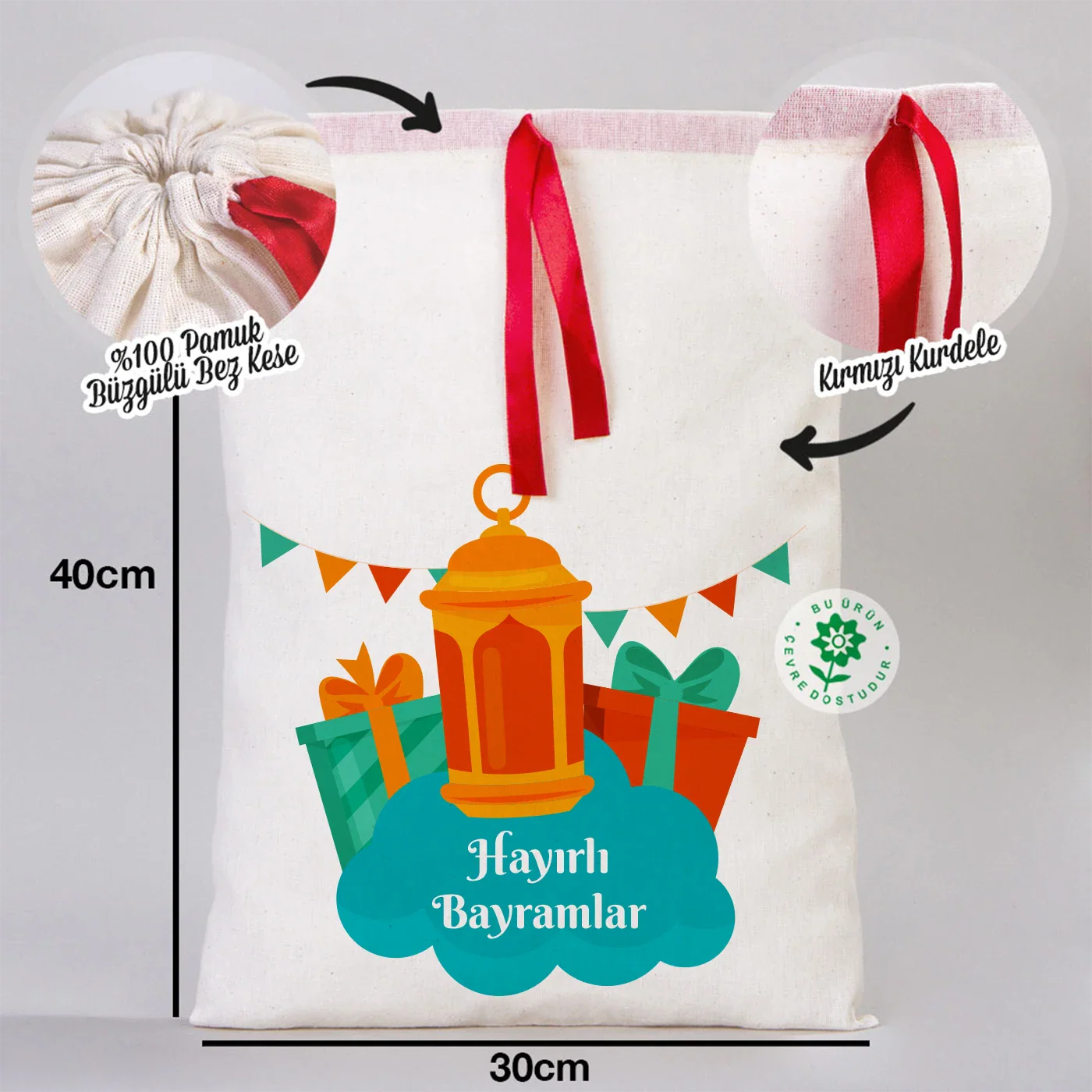 30x40 Kırmızı Kurdeleli Bez Kese – Bayram Kesesi