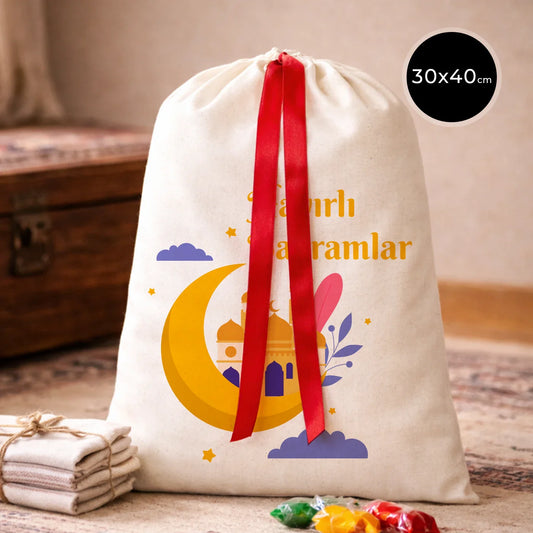 30x40 Kırmızı Kurdelalı Bez Kese – Bayram Kesesi