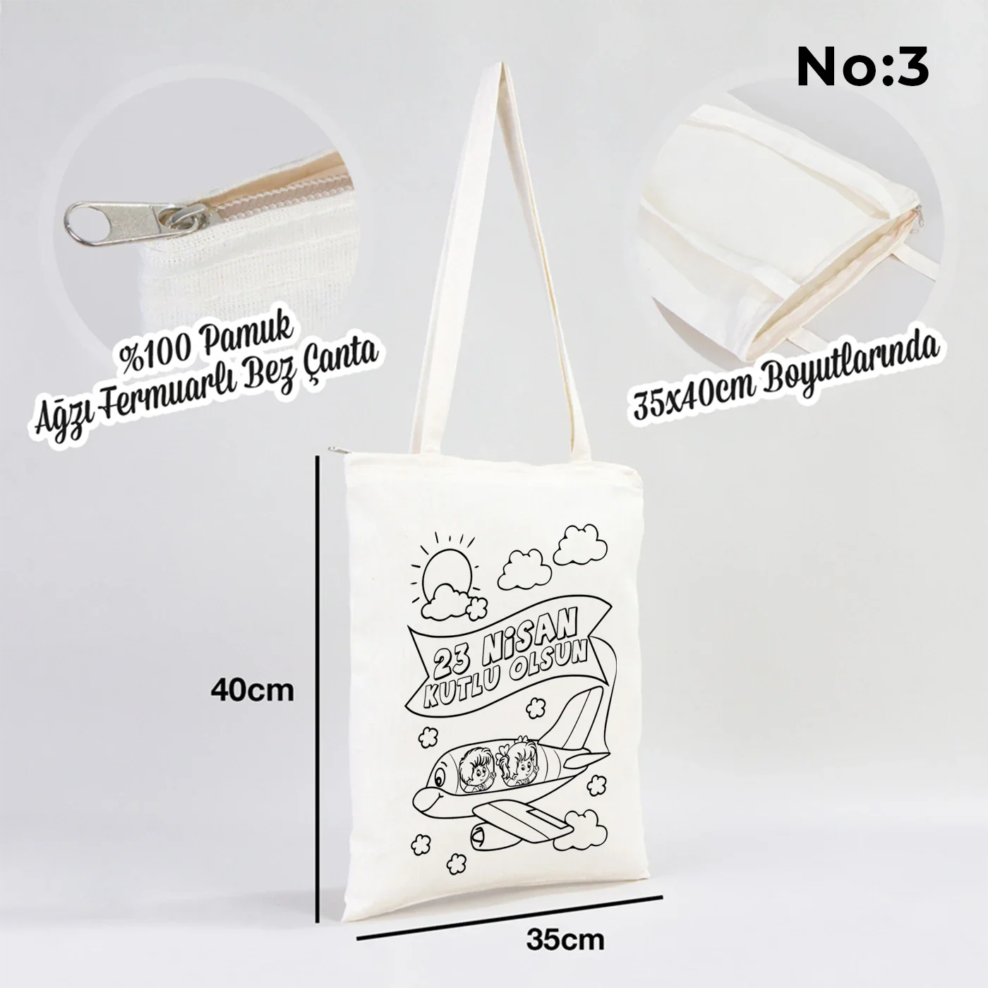 Boyanabilir 35x40 cm Ham Bez Fermuarlı Çanta - 23 Nisan Hediyesi - yakın çekim