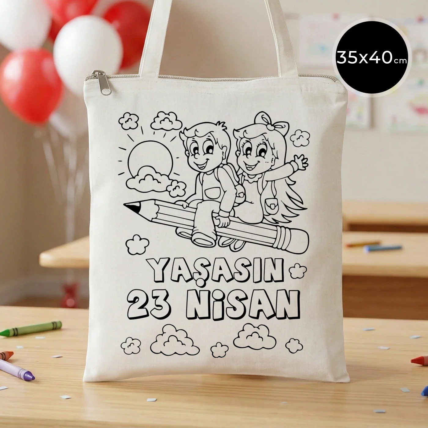 Boyanabilir 35x40 cm Ham Bez Fermuarlı Çanta - 23 Nisan Hediyesi
