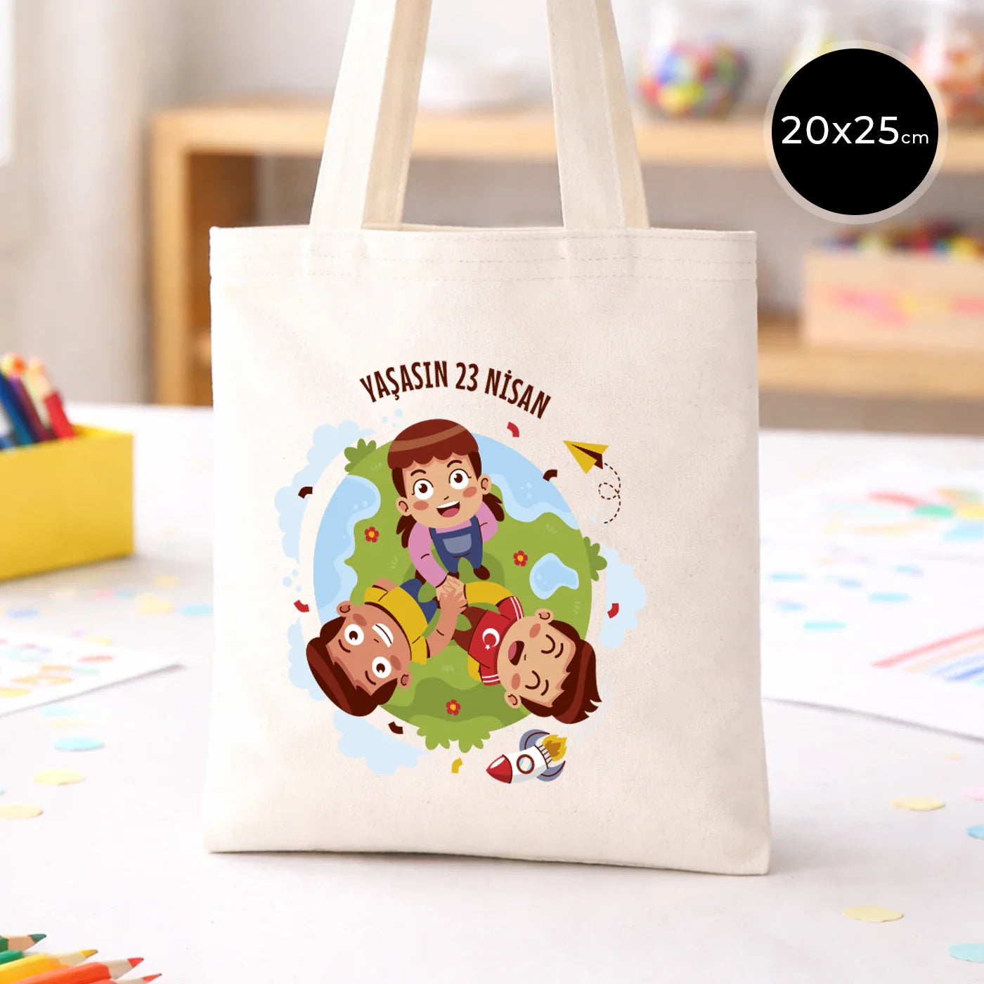 20x25 cm Ham Bez Kitap Çantası - 23 Nisan Hediyesi (Okul-Sınıf Baskılı)