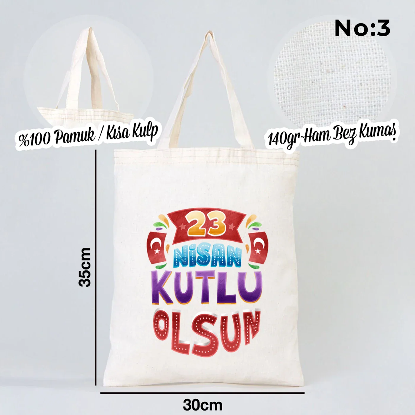 30x35 cm Ham Bez Çanta Kısa Kulp - 23 Nisan Hediyesi - yakın çekim