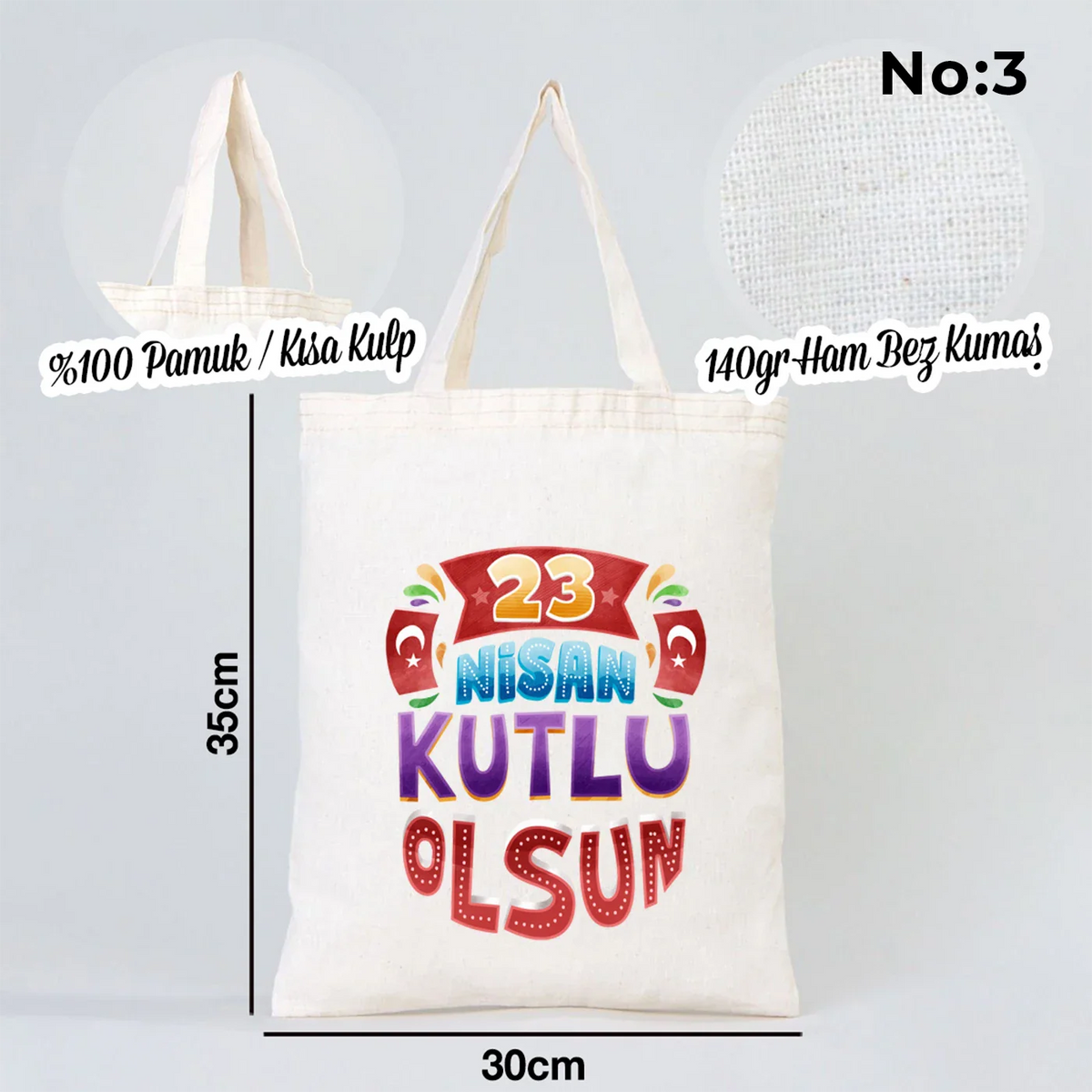 30x35 cm Ham Bez Çanta Kısa Kulp - 23 Nisan Hediyesi - yakın çekim