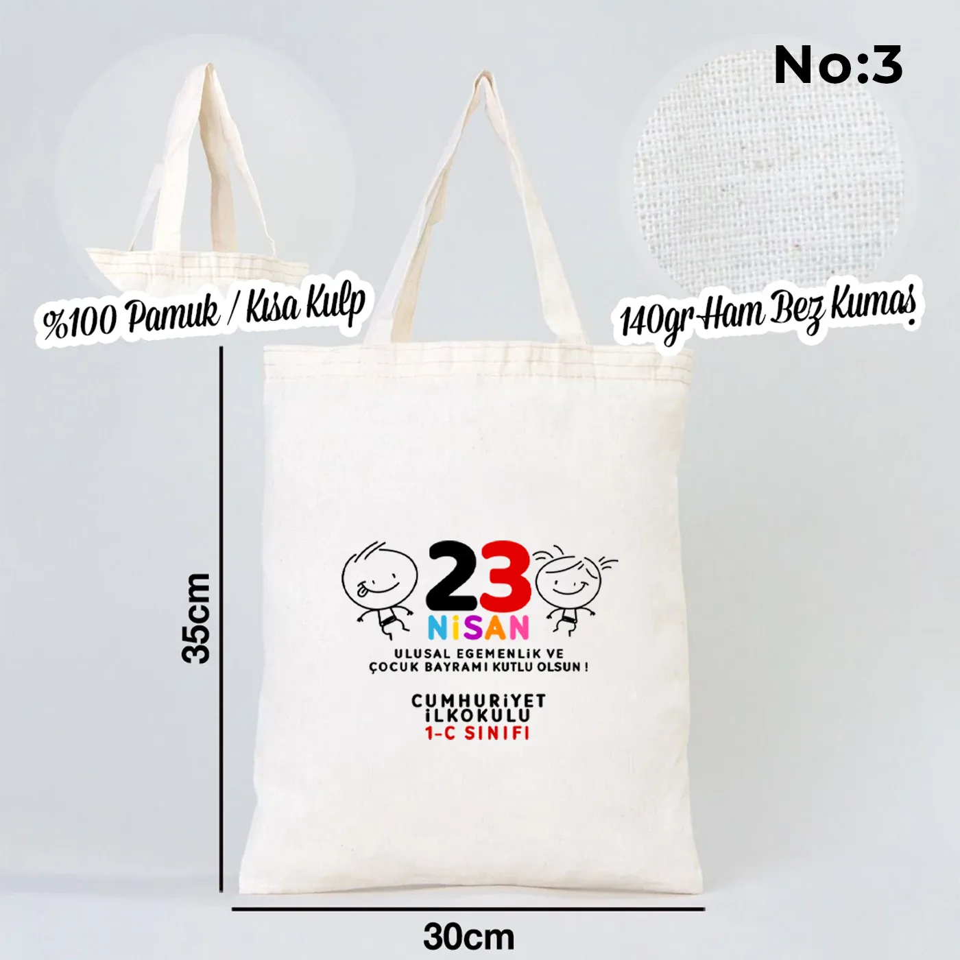 30x35 cm Ham Bez Çanta Kısa Kulp - 23 Nisan Hediyesi (Okul-Sınıf Baskılı) - yakın çekim