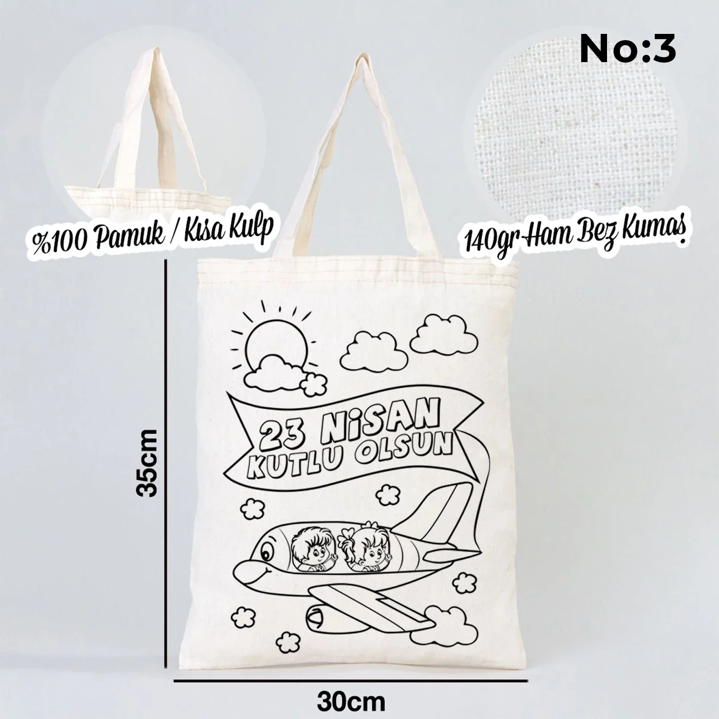 Boyanabilir 30x35 cm Ham Bez Çanta Kısa Kulp - 23 Nisan Hediyesi - yakın çekim