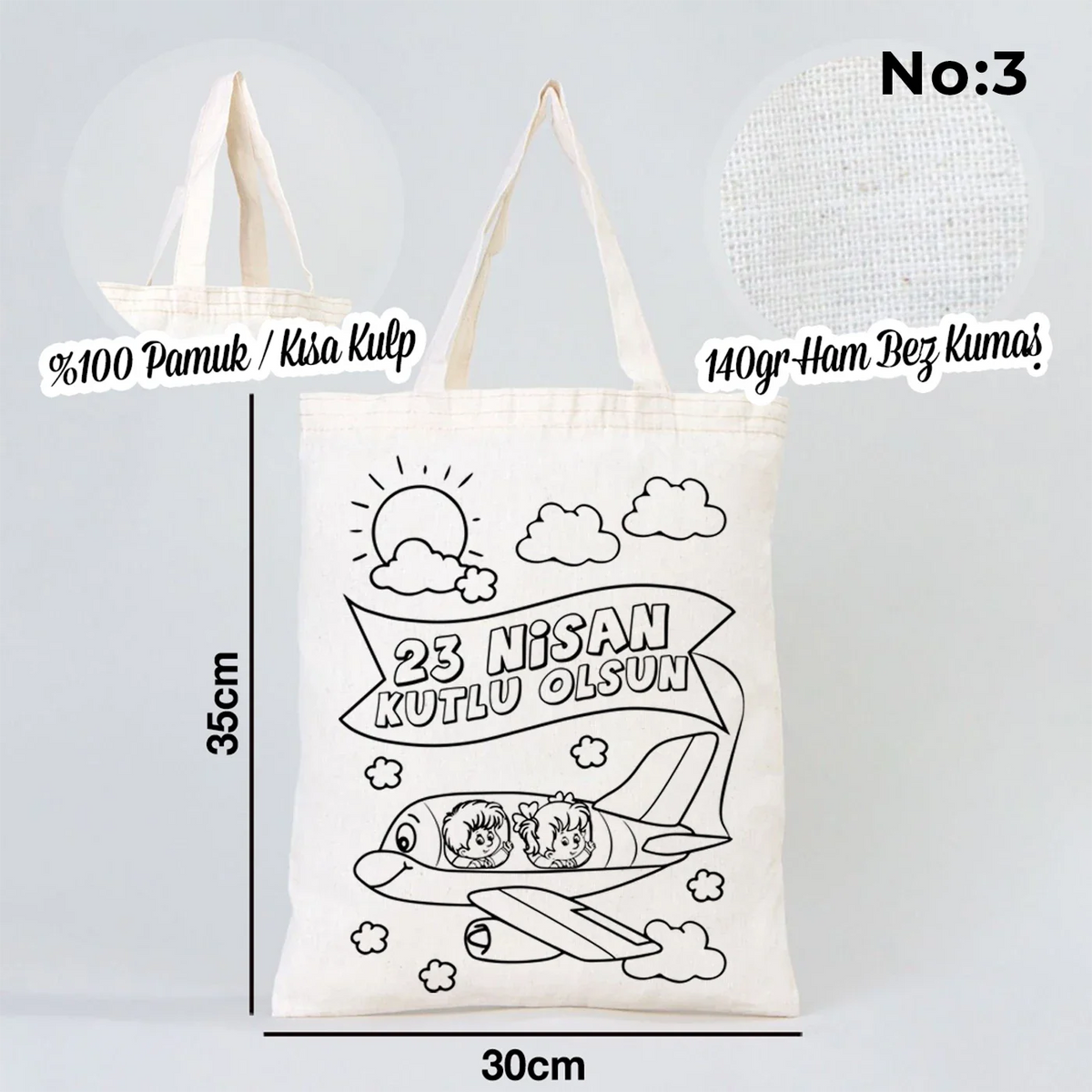 Boyanabilir 30x35 cm Ham Bez Çanta Kısa Kulp - 23 Nisan Hediyesi - yakın çekim