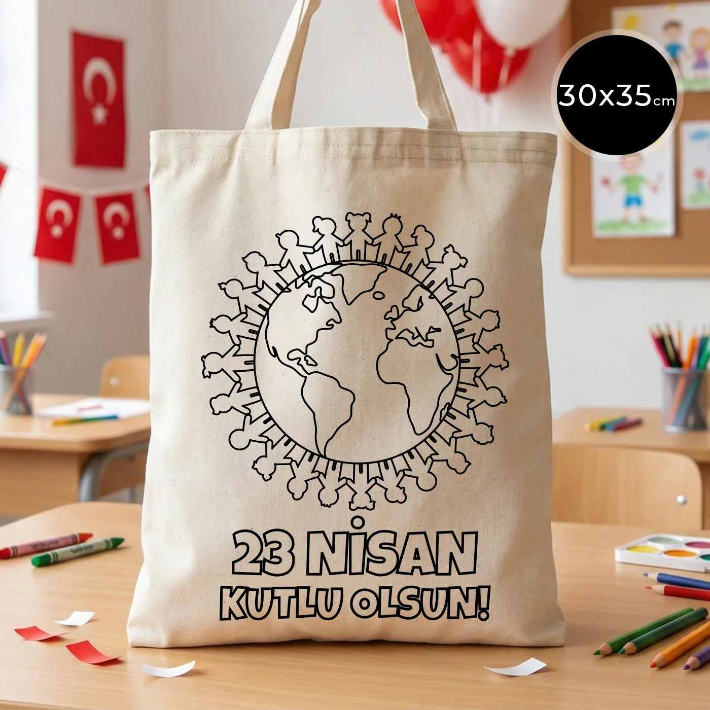 Boyanabilir 30x35 cm Ham Bez Çanta Kısa Kulp - 23 Nisan Hediyesi