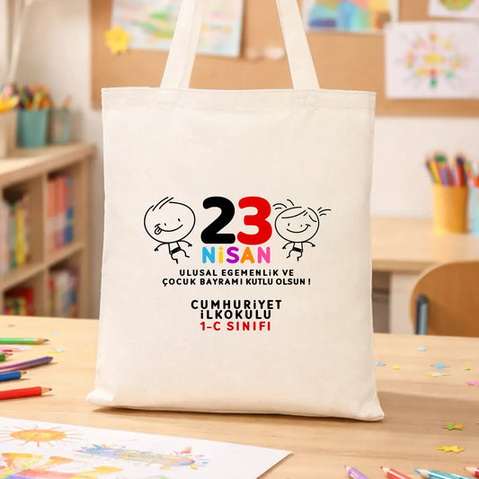 35x40 cm Gabardin Bez Çanta - 23 Nisan Hediyesi (Okul-Sınıf Baskılı)