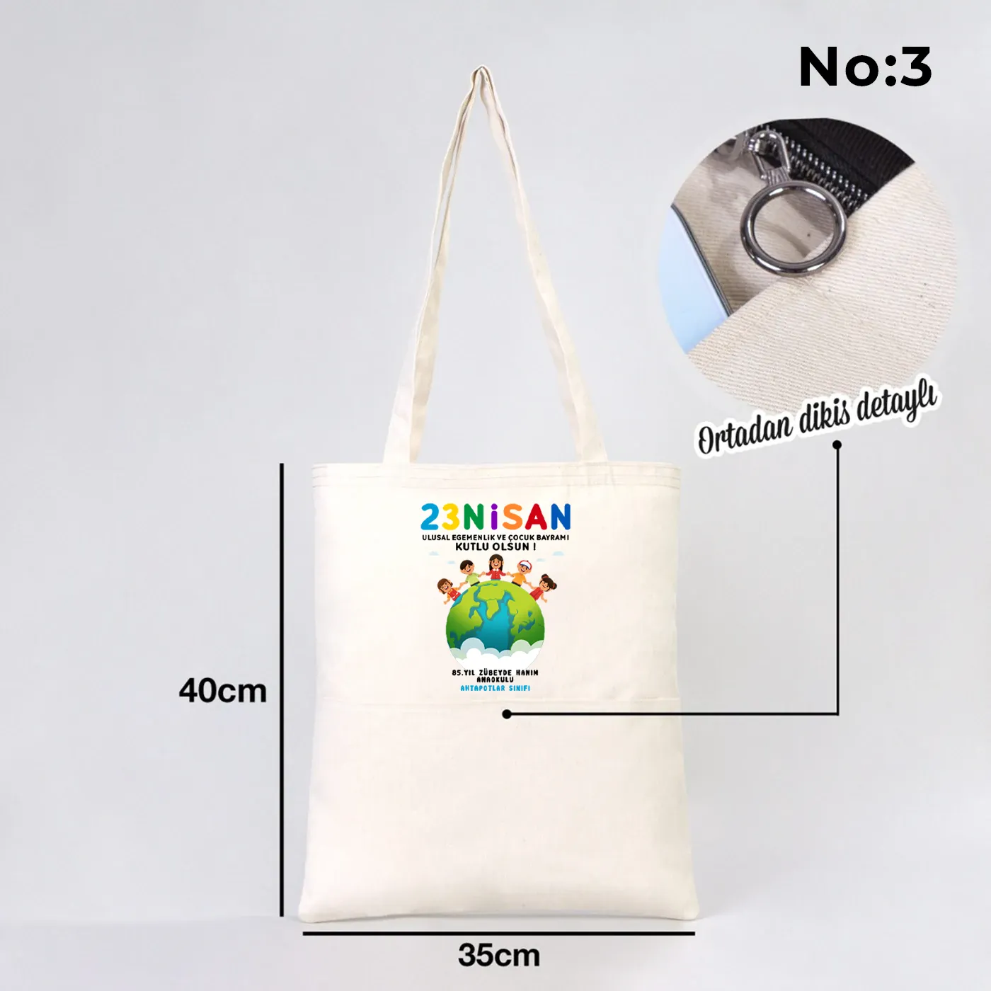 35x40 cm Gabardin Çift Cepli Bez Çanta - 23 Nisan Hediyesi (Okul-Sınıf Baskılı) - kullanım örneği