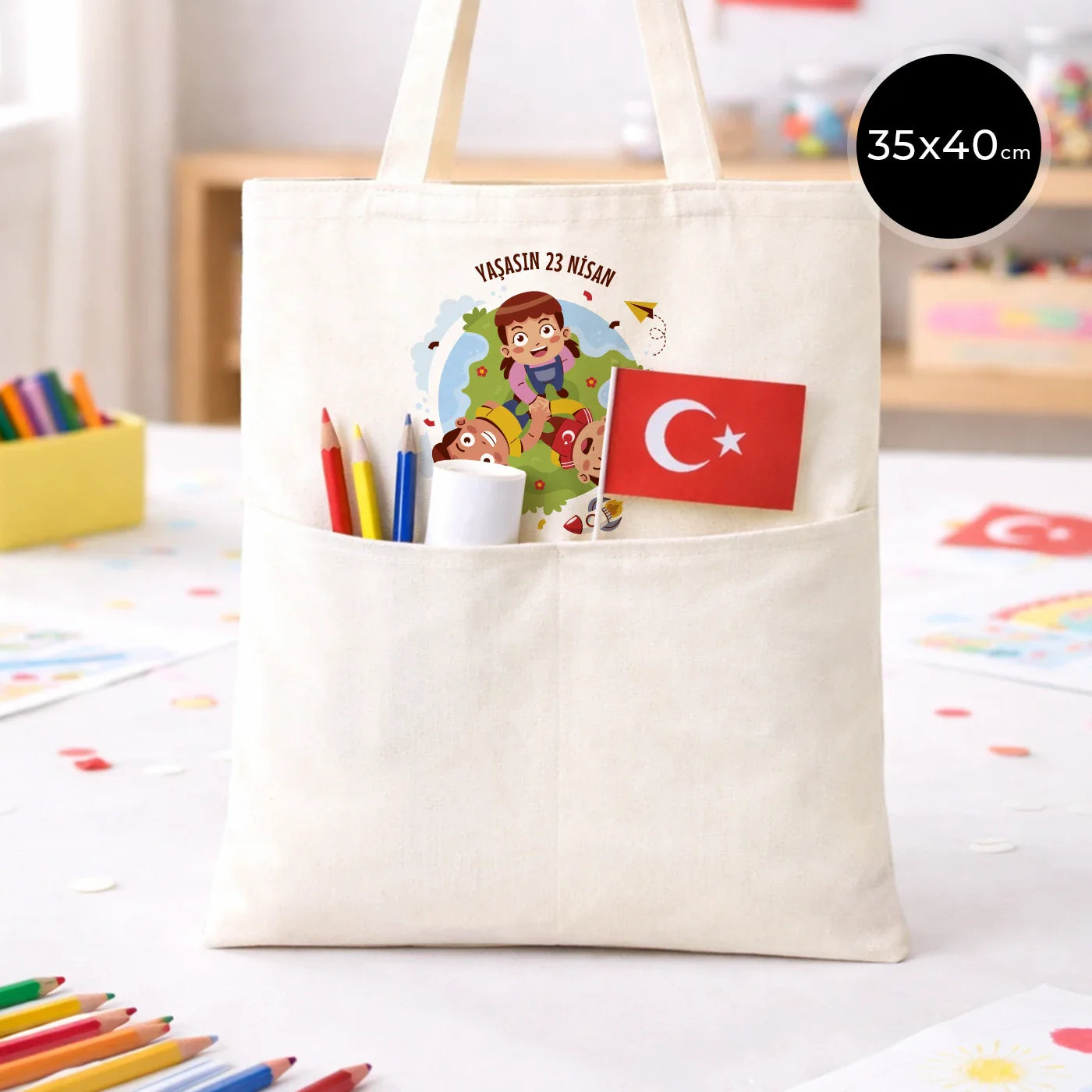 35x40 cm Gabardin Çift Cepli Bez Çanta - 23 Nisan Hediyesi (Okul-Sınıf Baskılı)