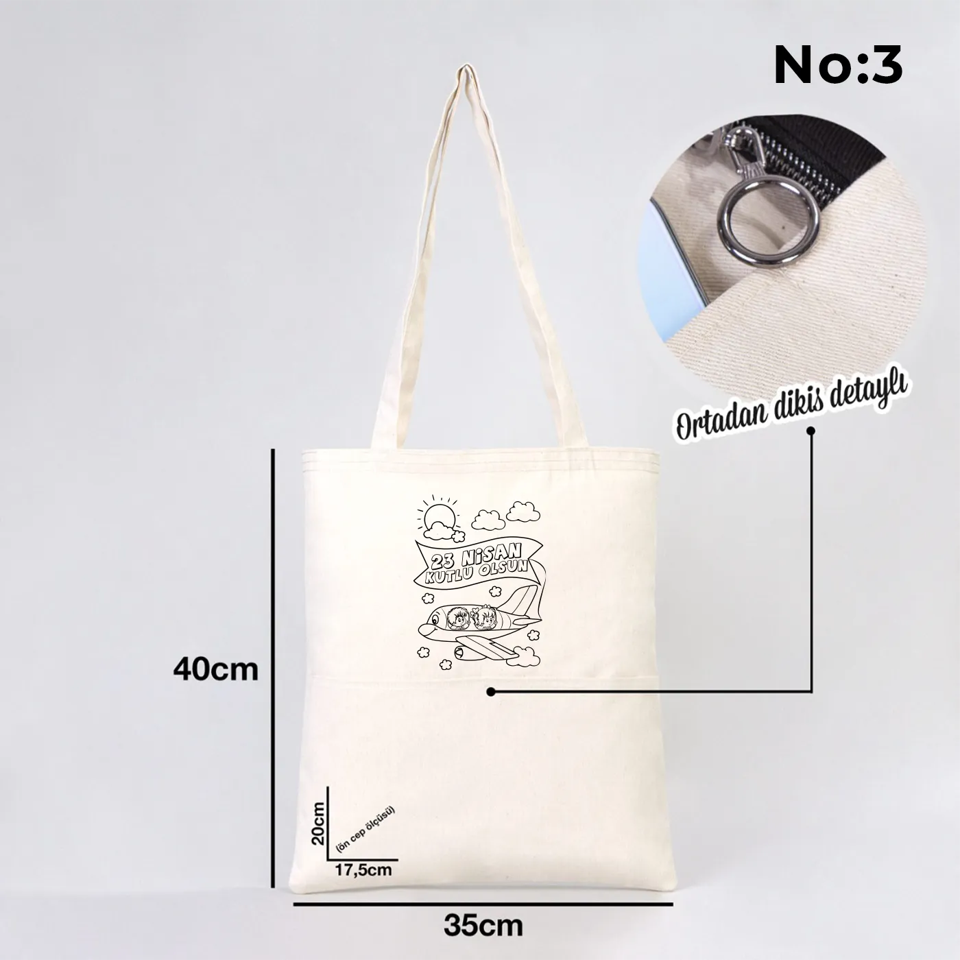Boyanabilir 35x40 cm Gabardin Çift Cep Bölmeli Bez Çanta - 23 Nisan Hediyesi - yakın çekim