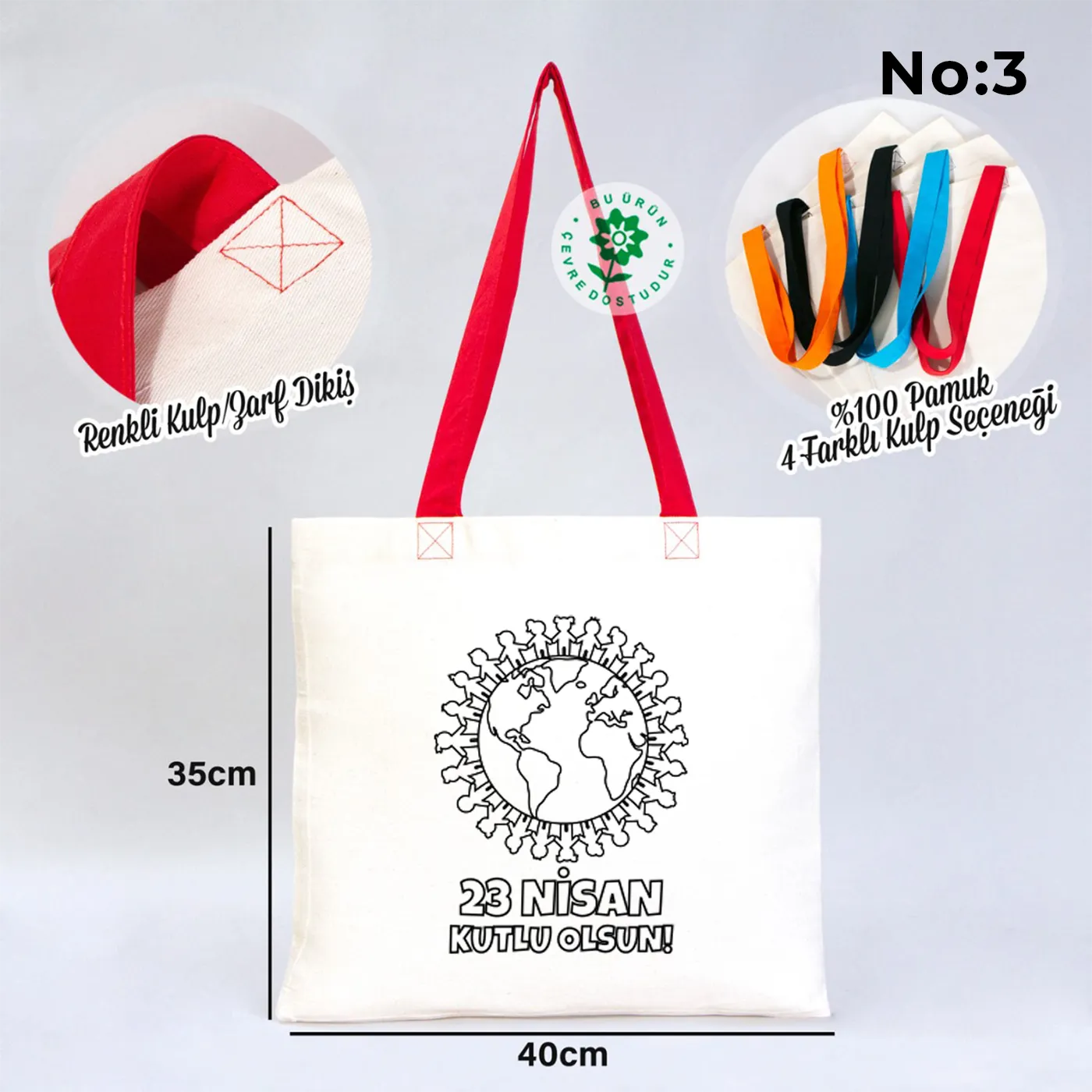 Boyanabilir 40x35 cm Gabardin Kırmızı Kulp Çanta - 23 Nisan Hediyesi - yakın çekim