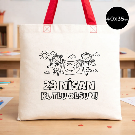 Boyanabilir 40x35 cm Gabardin Kırmızı Kulp Çanta - 23 Nisan Hediyesi