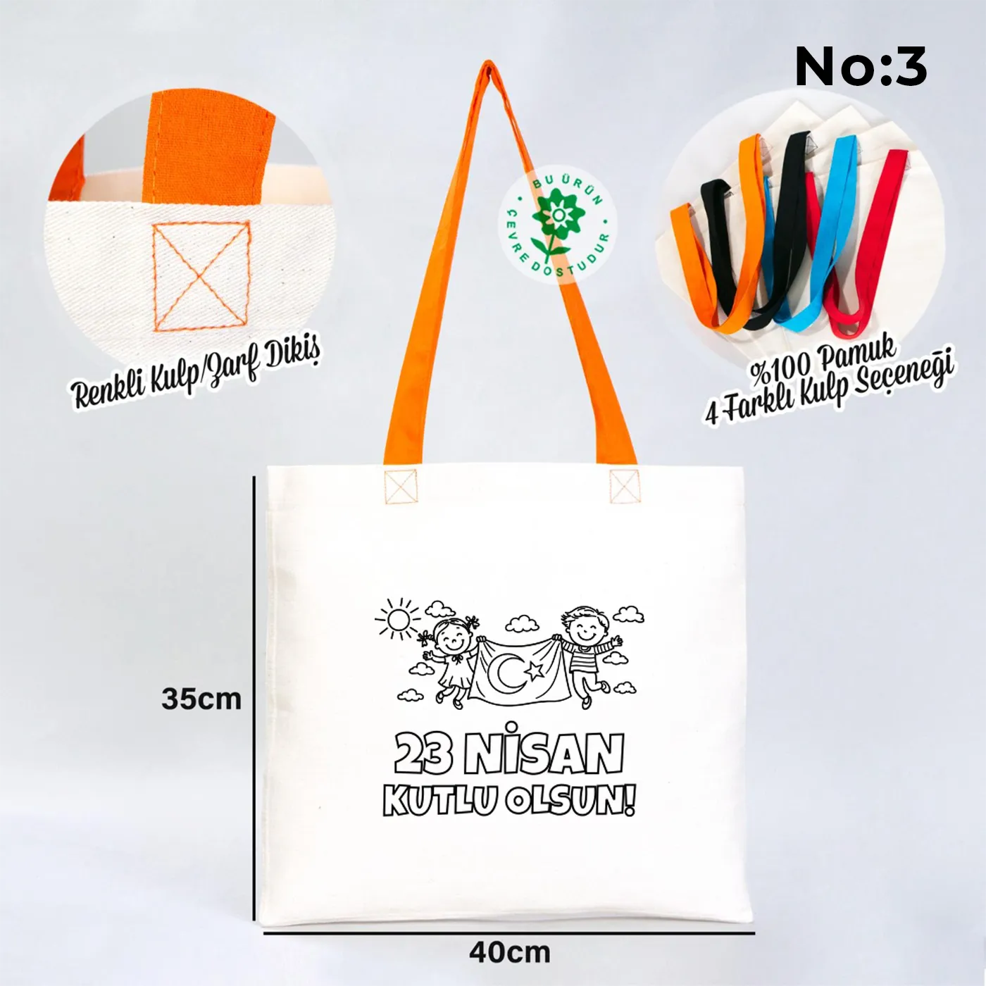 Boyanabilir 40x35 cm Gabardin Turuncu Kulp Çanta - 23 Nisan Hediyesi - yakın çekim