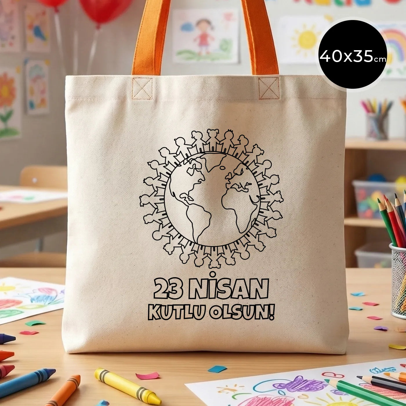 Boyanabilir 40x35 cm Gabardin Turuncu Kulp Çanta - 23 Nisan Hediyesi