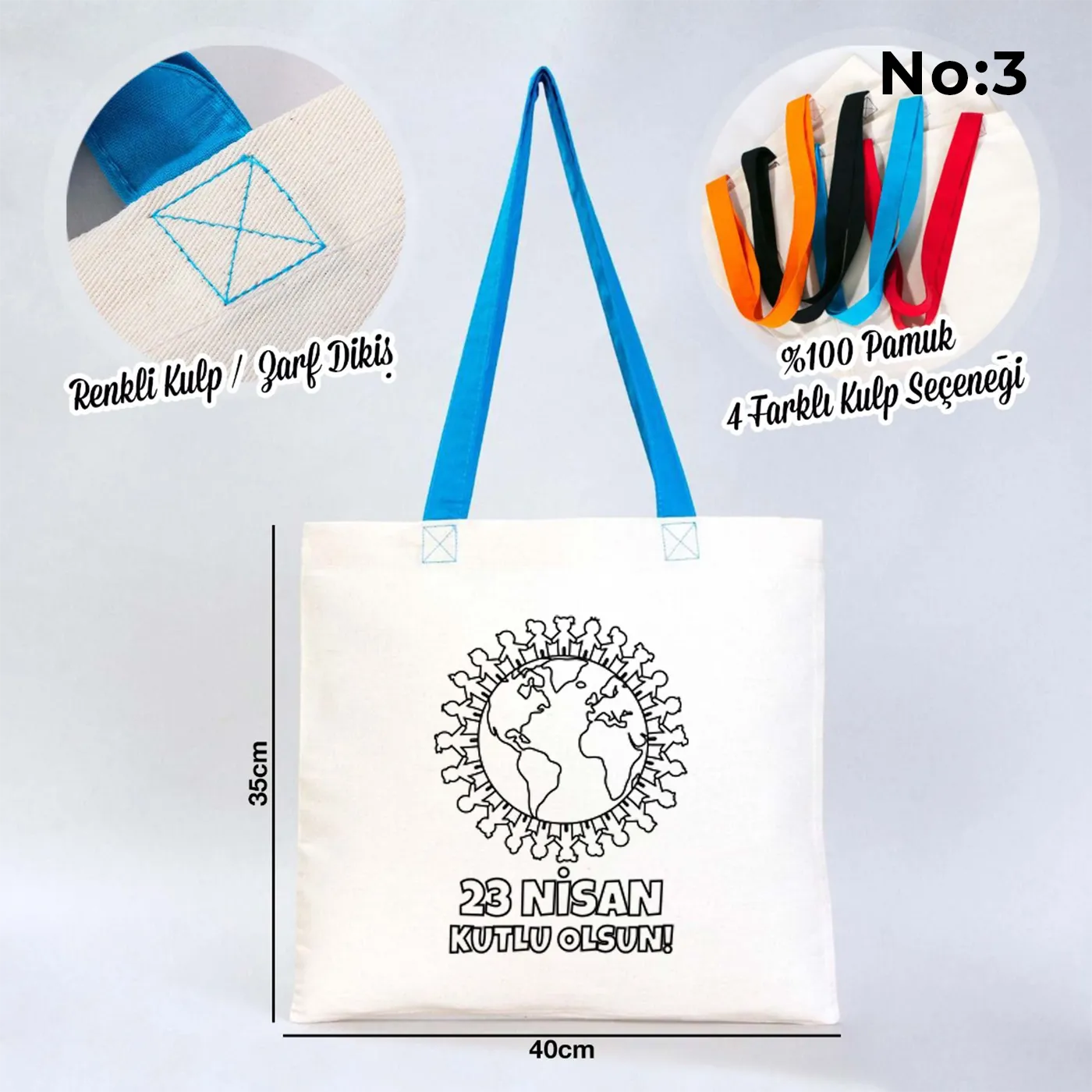 Boyanabilir 40x35 cm Gabardin Turkuaz Kulp Çanta - 23 Nisan Hediyesi - yakın çekim