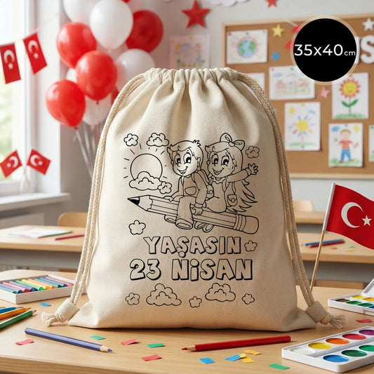 Boyanabilir 35×40 cm Renkli Boyama Omuz Çantası – 23 Nisan Hediyesi