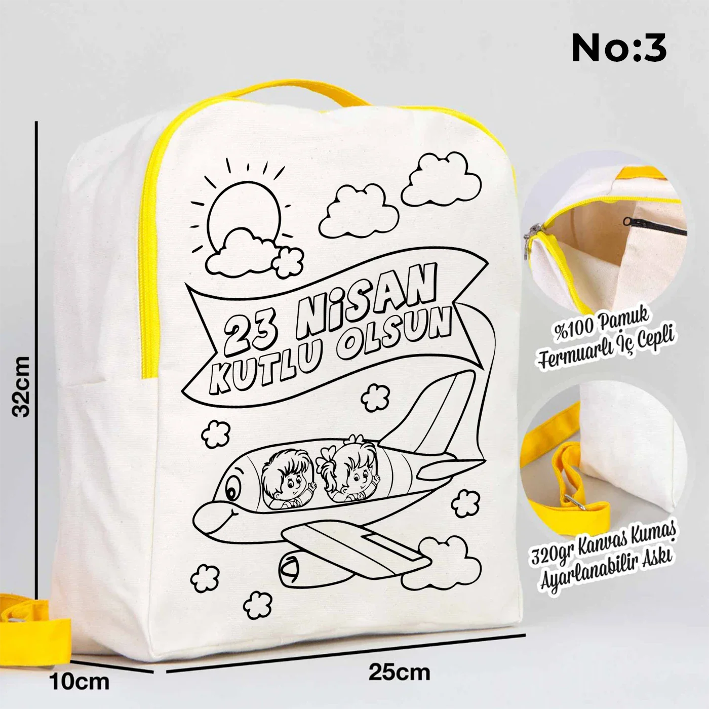 Boyanabilir 25x32x10 cm Sarı Renk VIP Kanvas Sırt Modeli - 23 Nisan Hediyesi - yakın çekim