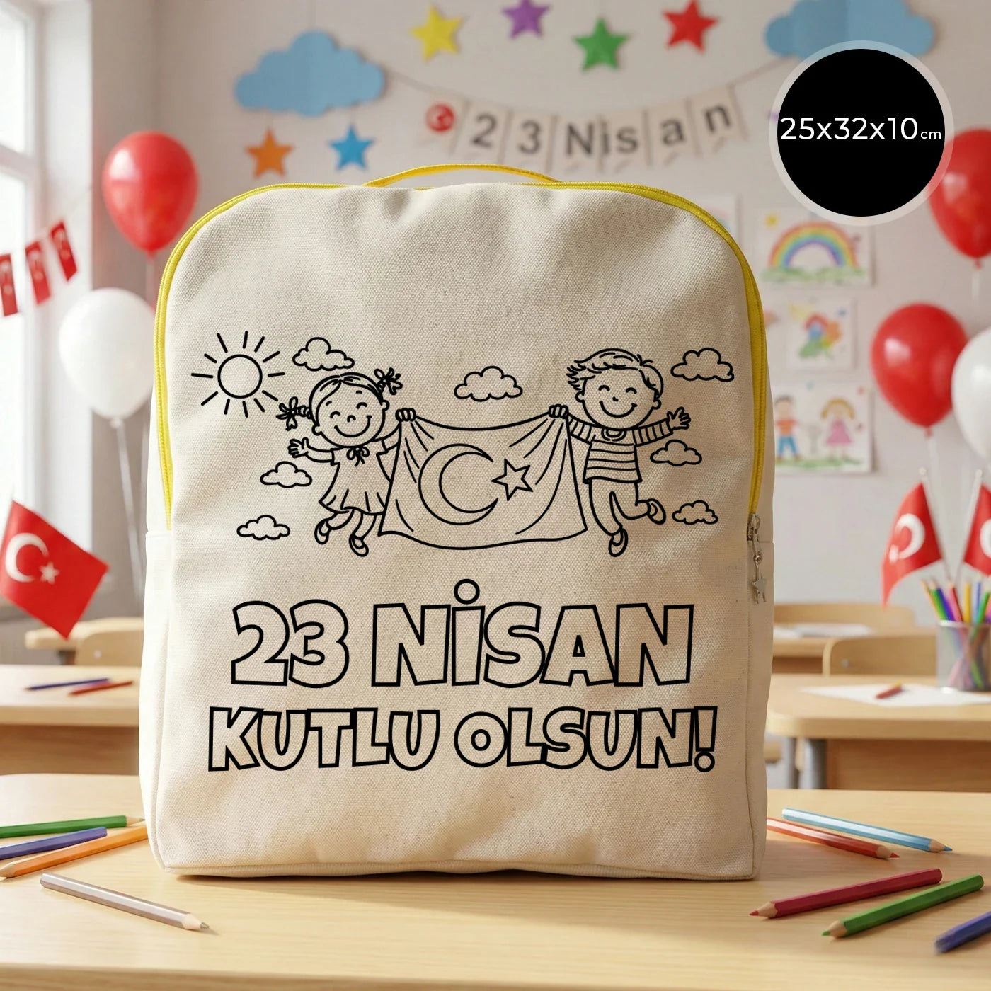 Boyanabilir 25x32x10 cm Sarı Renk VIP Kanvas Sırt Modeli - 23 Nisan Hediyesi