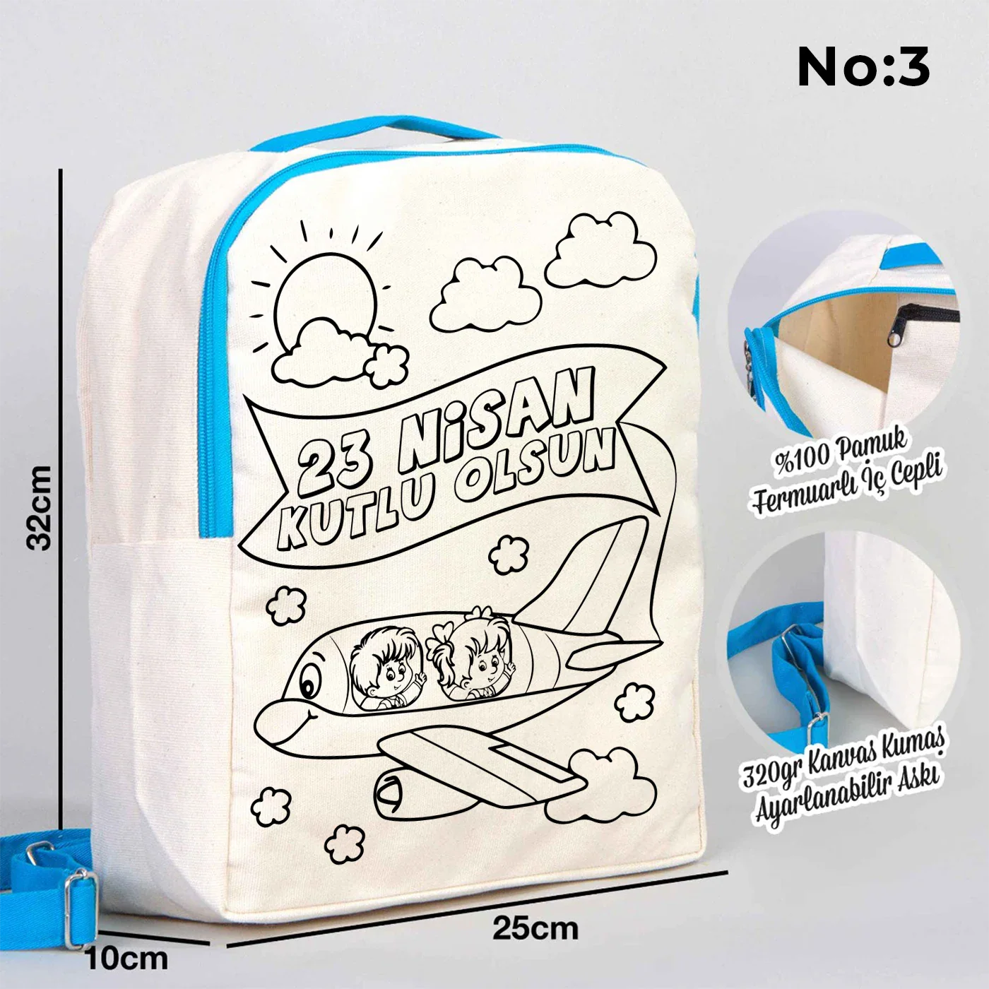 Boyanabilir 25x32x10 cm Turkuaz Renk VIP Kanvas Sırt Modeli - 23 Nisan Hediyesi - yakın çekim