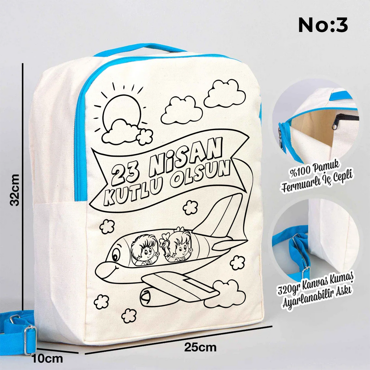 Boyanabilir 25x32x10 cm Turkuaz Renk VIP Kanvas Sırt Modeli - 23 Nisan Hediyesi - yakın çekim