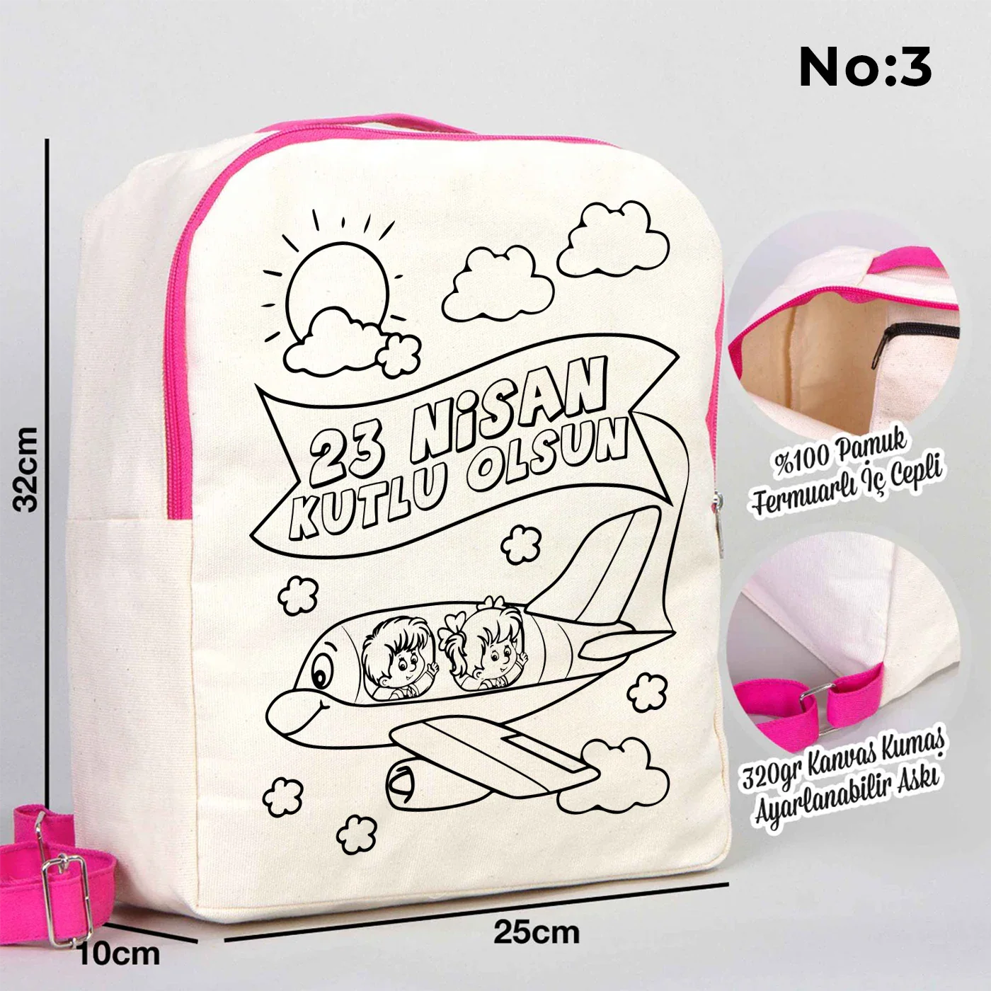Boyanabilir 25x32x10 cm Fuşya Renk VIP Kanvas Sırt Modeli - 23 Nisan Hediyesi - yakın çekim