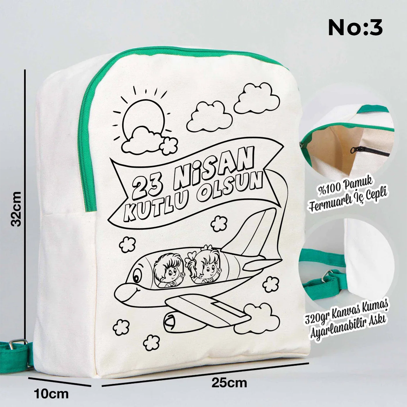 Boyanabilir 25x32x10 cm Yeşil Renk VIP Kanvas Sırt Modeli - 23 Nisan Hediyesi - yakın çekim
