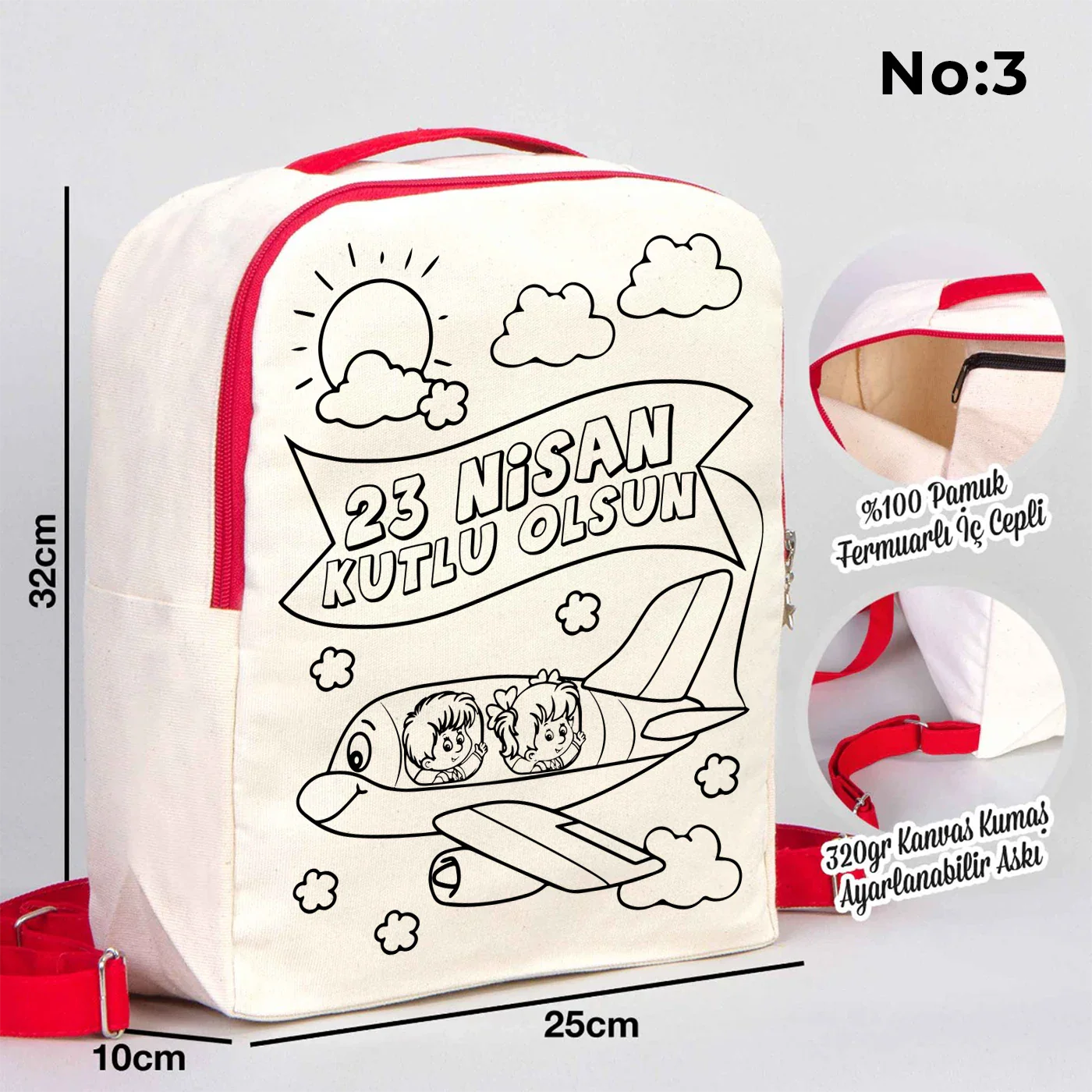 Boyanabilir 25x32x10 cm Kırmızı Renk VIP Kanvas Sırt Modeli - 23 Nisan Hediyesi - yakın çekim