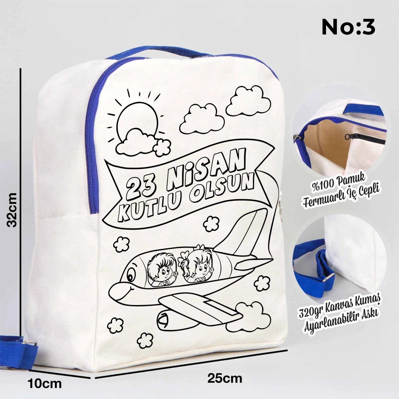 Boyanabilir 25x32x10 cm Saks Mavi Renk VIP Kanvas Sırt Modeli - 23 Nisan Hedi... - yakın çekim