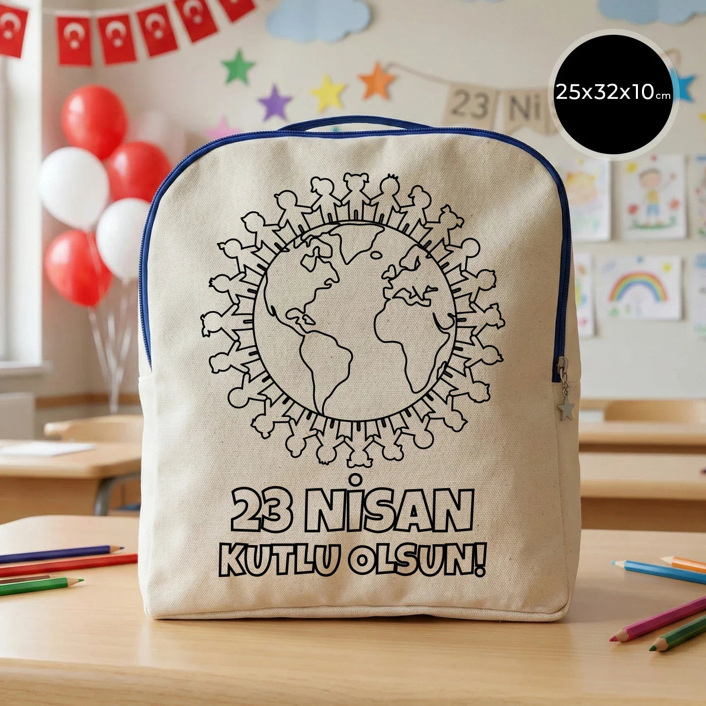 Boyanabilir 25x32x10 cm Saks Mavi Renk VIP Kanvas Sırt Modeli - 23 Nisan Hedi...