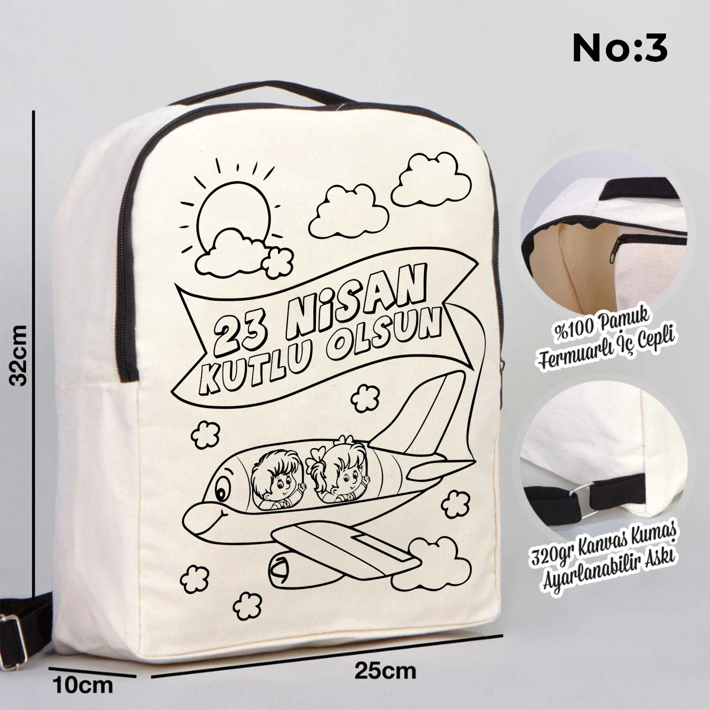 Boyanabilir 25x32x10 cm Siyah Renk VIP Kanvas Sırt Modeli - 23 Nisan Hediyesi - yakın çekim