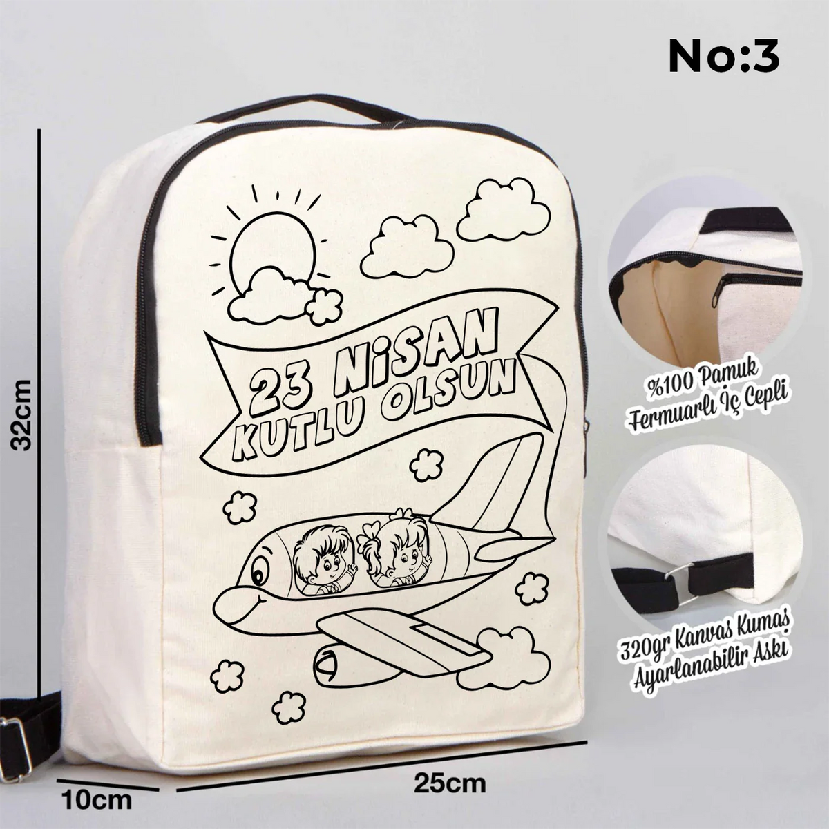 Boyanabilir 25x32x10 cm Siyah Renk VIP Kanvas Sırt Modeli - 23 Nisan Hediyesi - yakın çekim