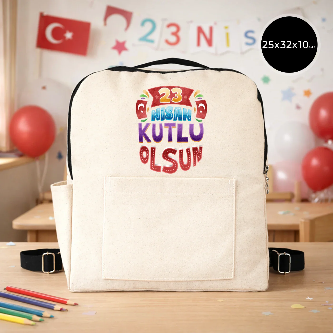 25x32x10 cm VIP Kanvas Sırt Modeli Ön Yan Cepli Siyah - 23 Nisan Hediyesi