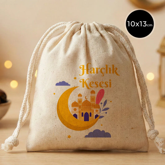 10x13 cm ham bez büzgülü harçlık kesesi, Ramazan temalı hilal ve cami baskılı “Harçlık Kesesi” yazılı bayram hediye kesesi