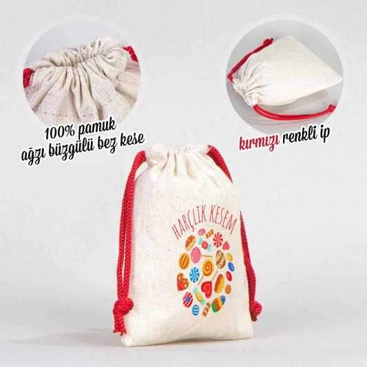 10x13 Kırmızı İpli Bez Kese – Bayram Harçlık Kesesi